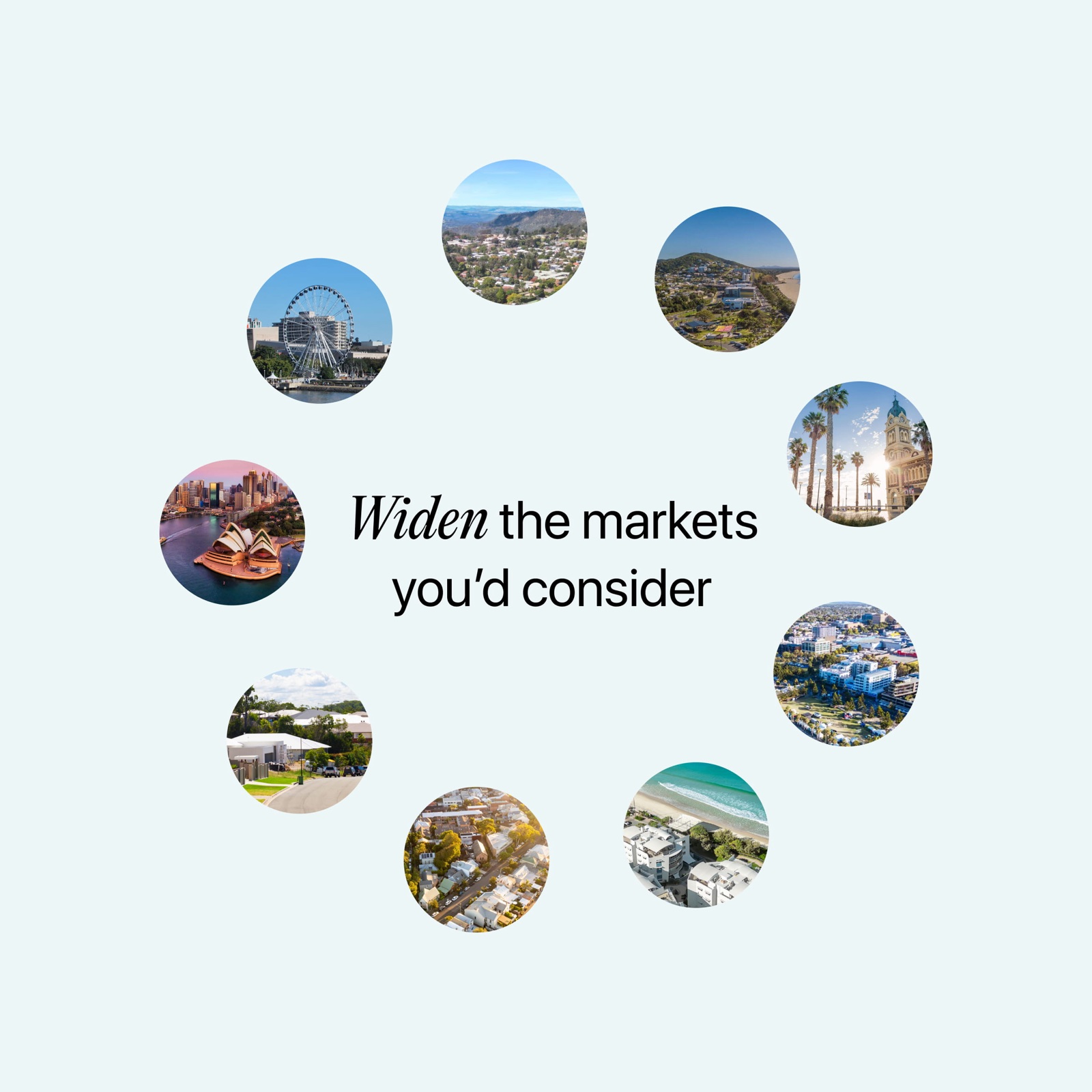 A sample card headlined Widen the markets you would consider, ringed with cities across Australia